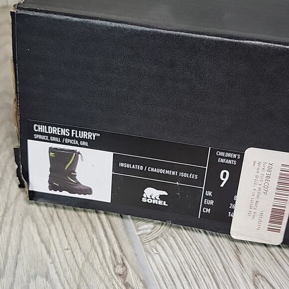 Sorel Flurry Winter Snow Boots Green Black Waterproof Kids Toddler Size 9 NIB - Picture 12 of 14